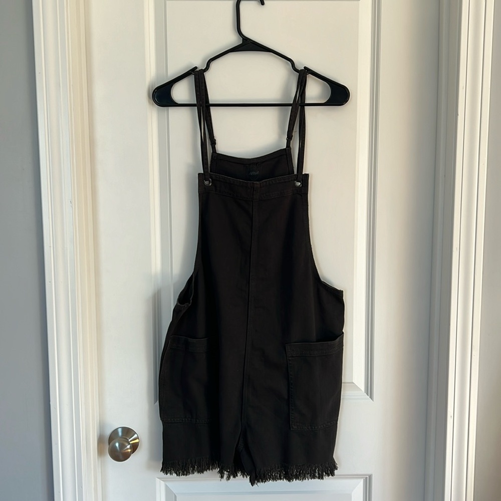 Charcoal overall short with distressed detailing. New